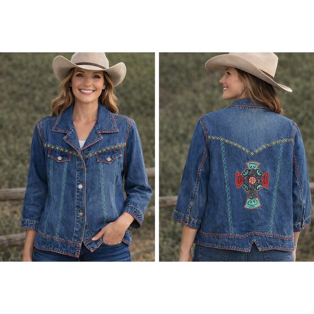 Cattlelac Ranch Women's Embroidered Jean Jacket Coastal Cowgirl Rodeo Western XL